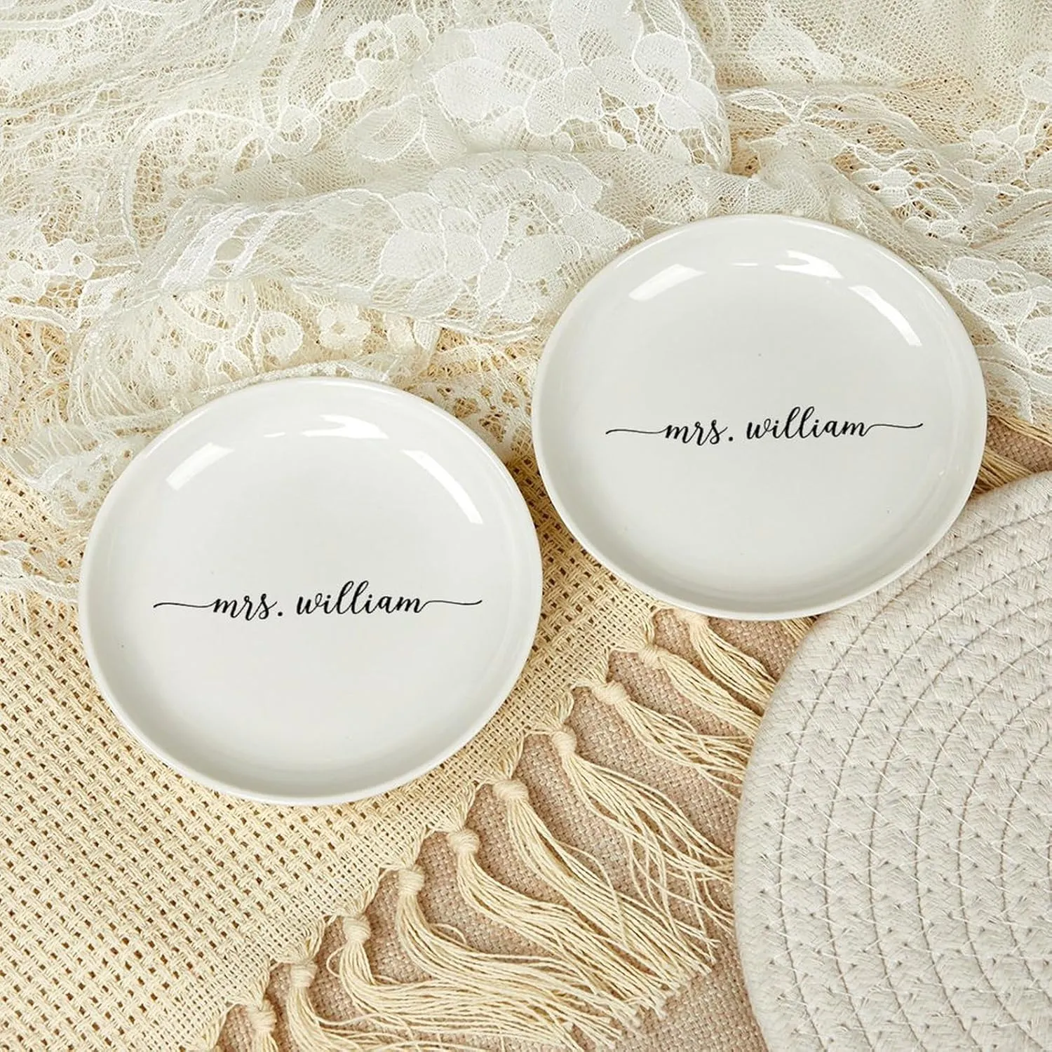 Personalized Mrs Wedding Ring Dish, Custom Last Name Ring Holder, Engagement & Couple Gift, 4" Ceramic Jewelry Tray