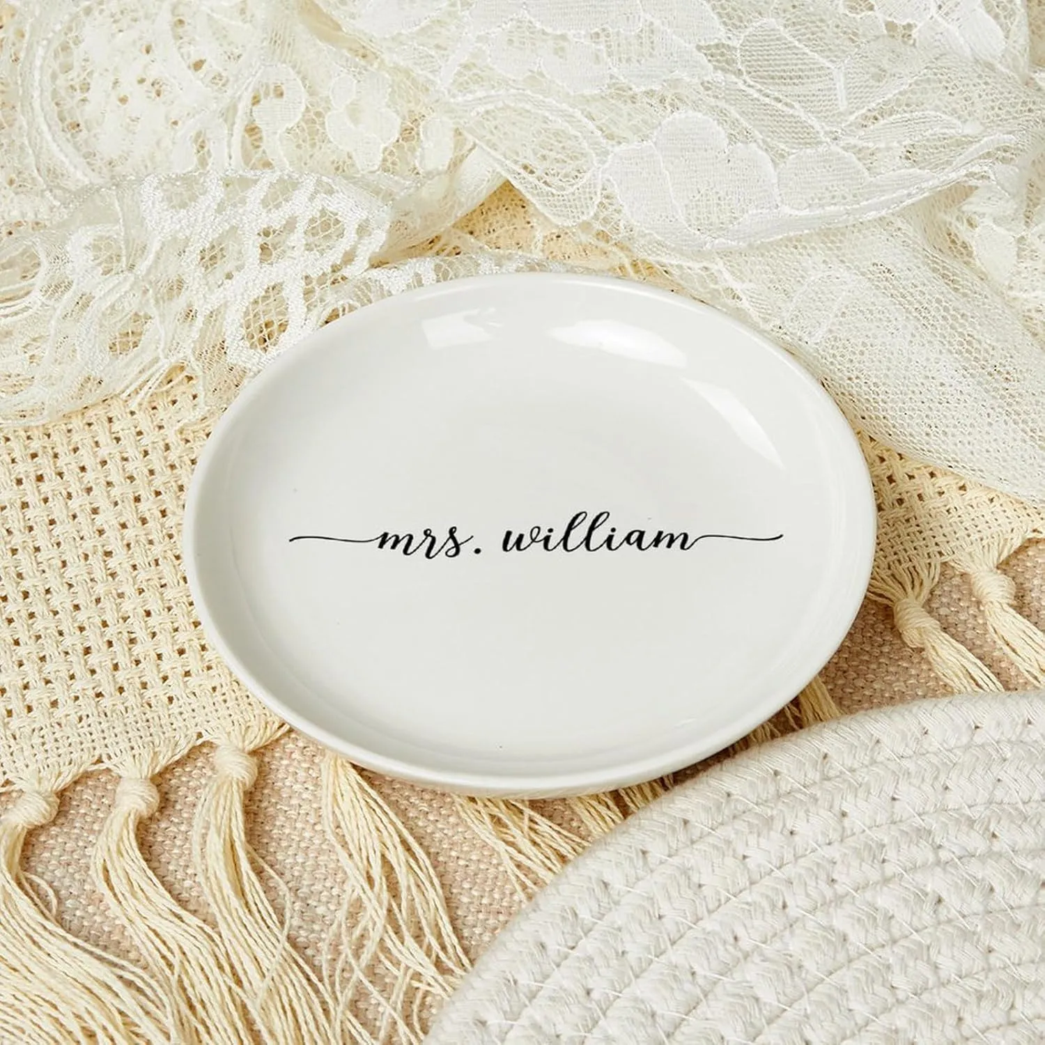 Personalized Mrs Wedding Ring Dish, Custom Last Name Ring Holder, Engagement & Couple Gift, 4" Ceramic Jewelry Tray