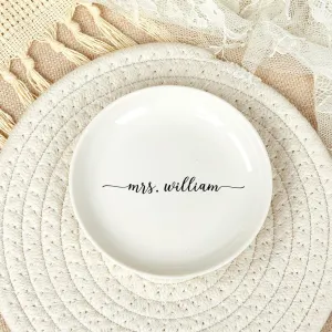 Personalized Mrs Wedding Ring Dish, Custom Last Name Ring Holder, Engagement & Couple Gift, 4" Ceramic Jewelry Tray