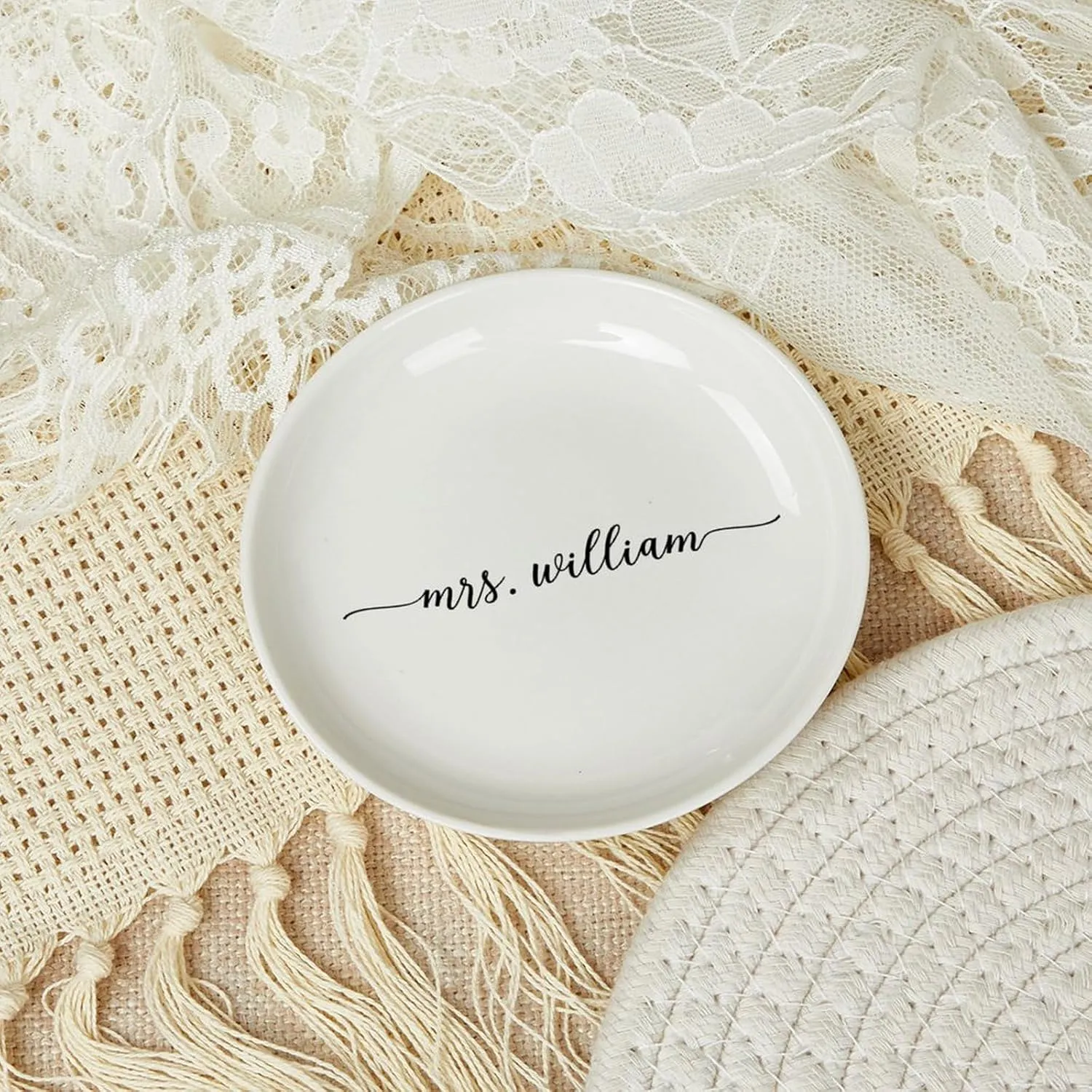 Personalized Mrs Wedding Ring Dish, Custom Last Name Ring Holder, Engagement & Couple Gift, 4" Ceramic Jewelry Tray