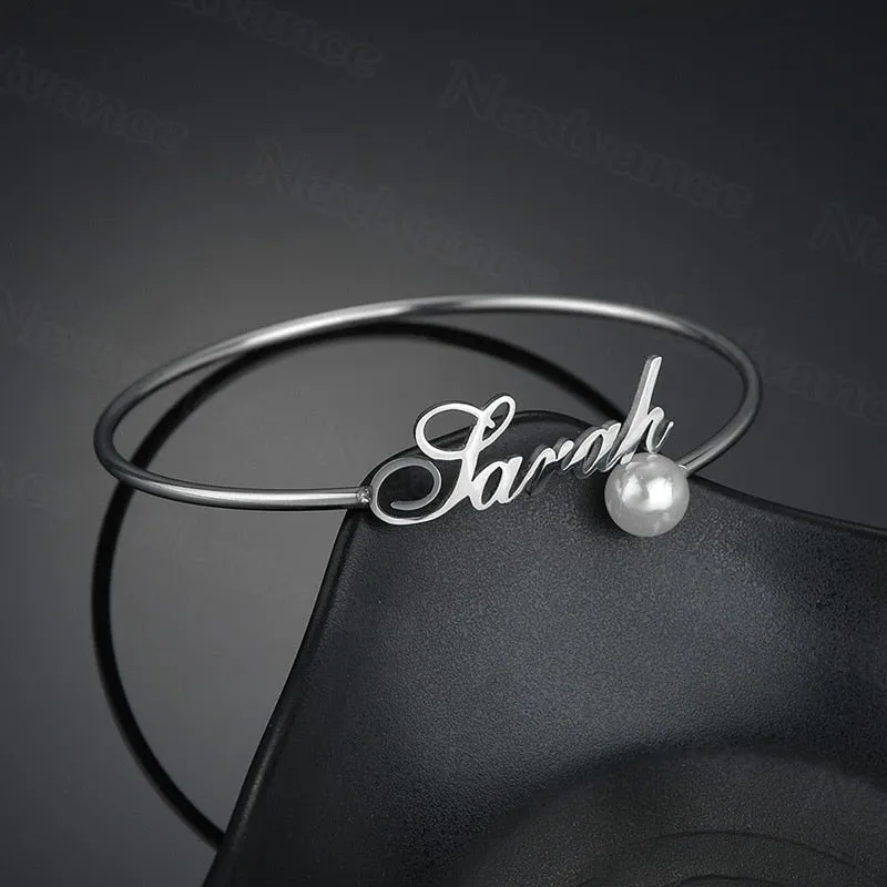 Personalized Name Charm Adjustable Gold Bracelet with Pearl for Lovers