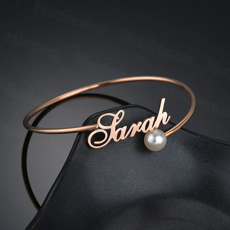 Personalized Name Charm Adjustable Gold Bracelet with Pearl for Lovers