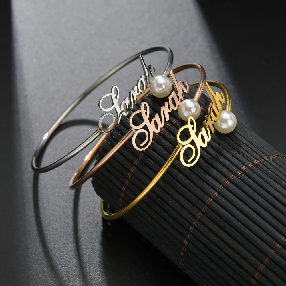 Personalized Name Charm Adjustable Gold Bracelet with Pearl for Lovers