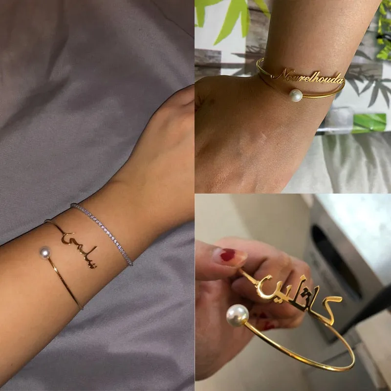 Personalized Name Charm Adjustable Gold Bracelet with Pearl for Lovers