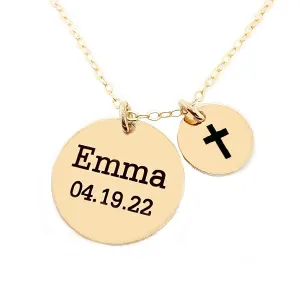 Personalized Name Date Cross Necklace, Girl Baptism, First Communion, Christening, Confirmation, Christian, Easter, Gift, Gold, Rose, Silver (CG413N).