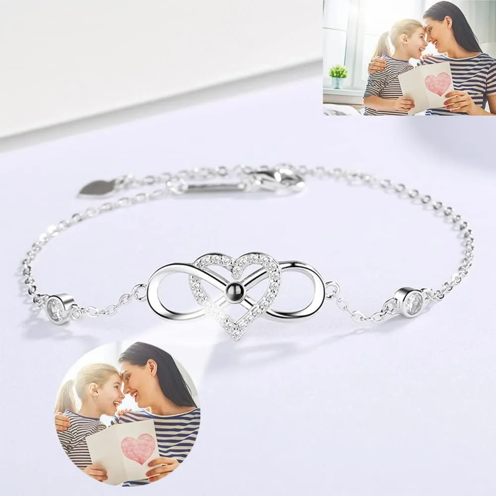 Personalized Photo Infinity Bracelet Custom Projection Bracelets with Photo Adjustable 925 Sterling Silver I Love You Bracelet 100 Languages Couple Bracelet
