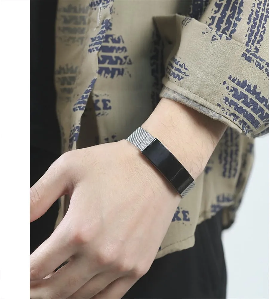 Personalized QR Code Bracelets for Men Women,Customized Name Date Barcode Engraved Link Wristband Adjust Mesh Chain Bracelet Business QR Code Jewelry Scannable Gift for Him Her