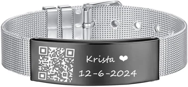 Personalized QR Code Bracelets for Men Women,Customized Name Date Barcode Engraved Link Wristband Adjust Mesh Chain Bracelet Business QR Code Jewelry Scannable Gift for Him Her