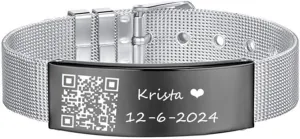 Personalized QR Code Bracelets for Men Women,Customized Name Date Barcode Engraved Link Wristband Adjust Mesh Chain Bracelet Business QR Code Jewelry Scannable Gift for Him Her