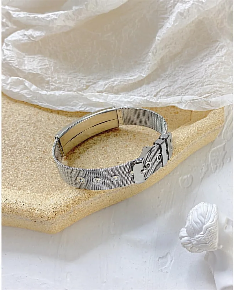 Personalized QR Code Bracelets for Men Women,Customized Name Date Barcode Engraved Link Wristband Adjust Mesh Chain Bracelet Business QR Code Jewelry Scannable Gift for Him Her