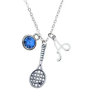 Personalized Tennis Racket Birthstone and Initial Necklace, Custom Tennis Player Jewelry - Tennis Necklace For Women, Teens & Girls