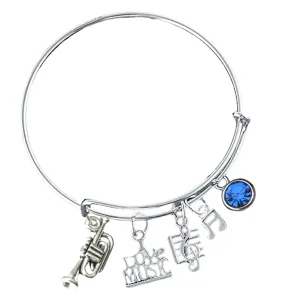 Personalized Trumpet Charm Birthstone Bangle Bracelet - Music Jewelry Gift - Trumpet Jewelry - Marching Band Braclet - Music Note-Music Lover Jewelry Gift for Women, Teens and Girls