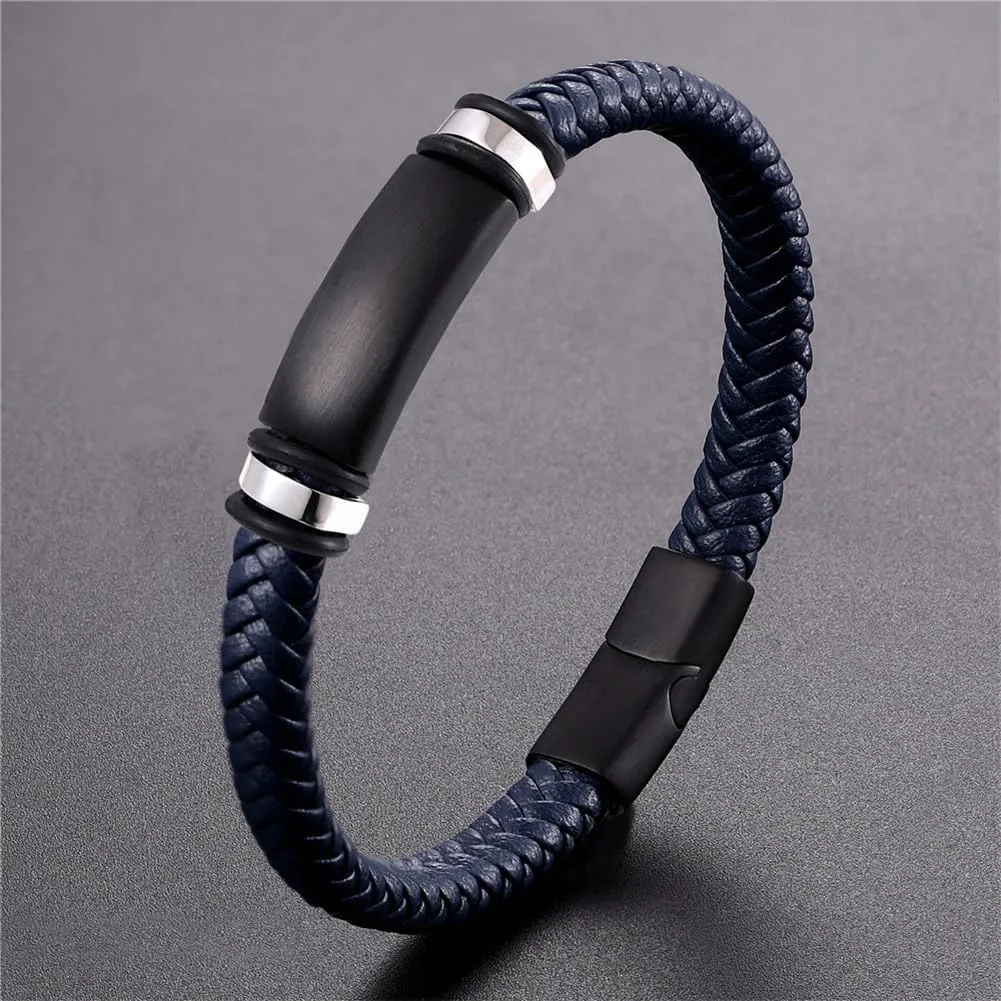 Personalized US Military Bracelet for Men Stainless Steel Genuine Leather Wristband Custom Name Armed Forces Military Gifts U.S. Army Navy Air-Force Policeman Cuff Bracelets Jewelry for Him