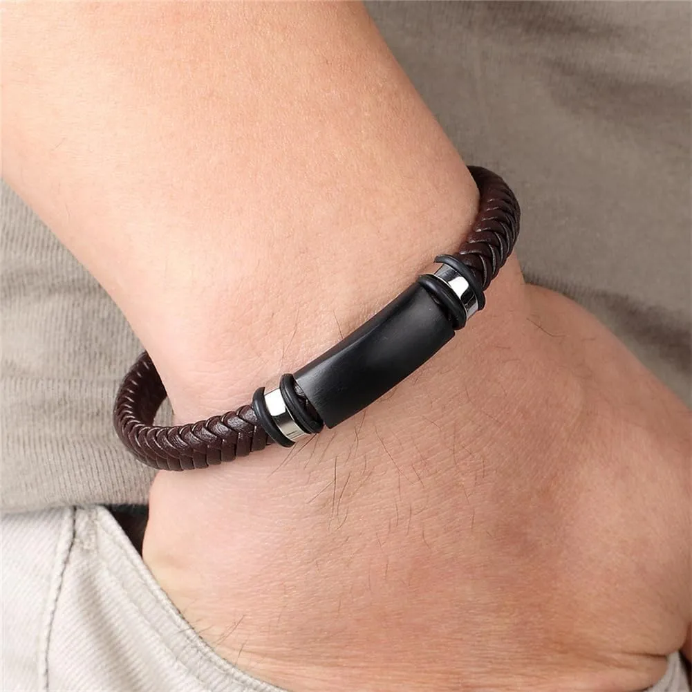Personalized US Military Bracelet for Men Stainless Steel Genuine Leather Wristband Custom Name Armed Forces Military Gifts U.S. Army Navy Air-Force Policeman Cuff Bracelets Jewelry for Him