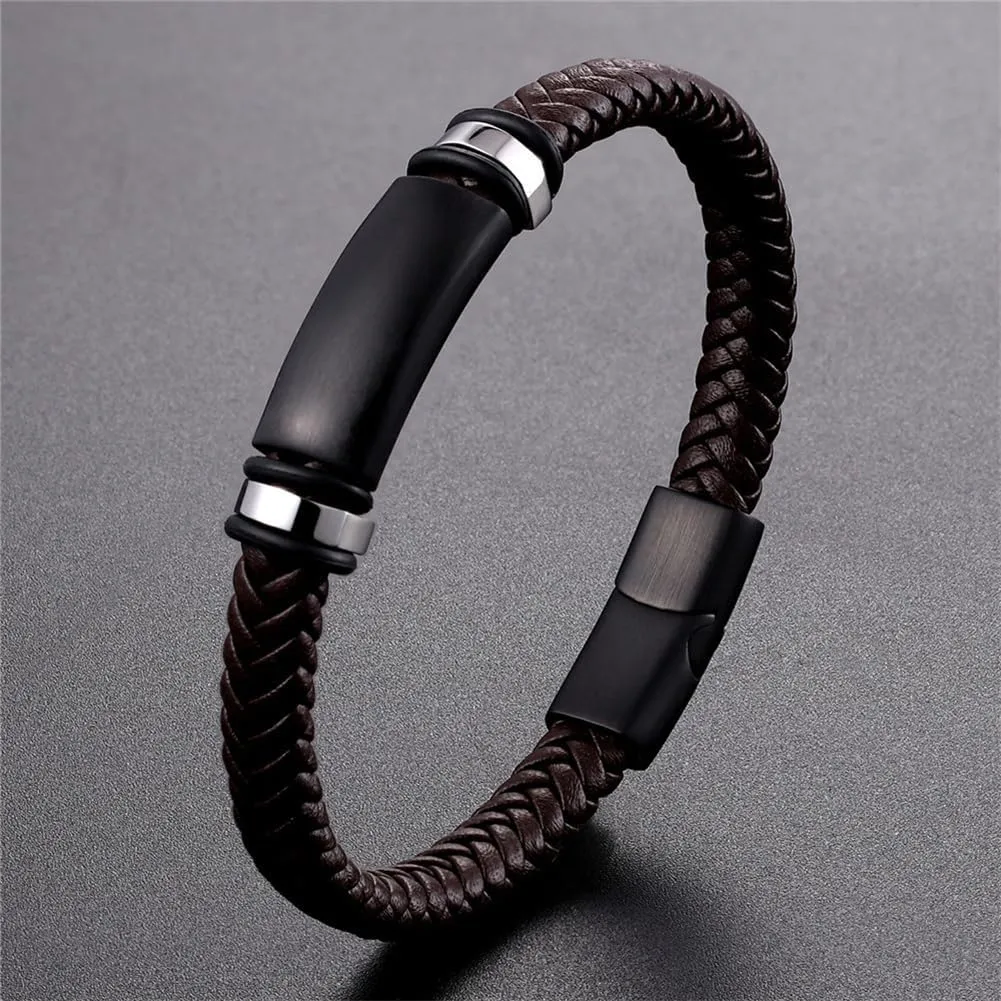 Personalized US Military Bracelet for Men Stainless Steel Genuine Leather Wristband Custom Name Armed Forces Military Gifts U.S. Army Navy Air-Force Policeman Cuff Bracelets Jewelry for Him