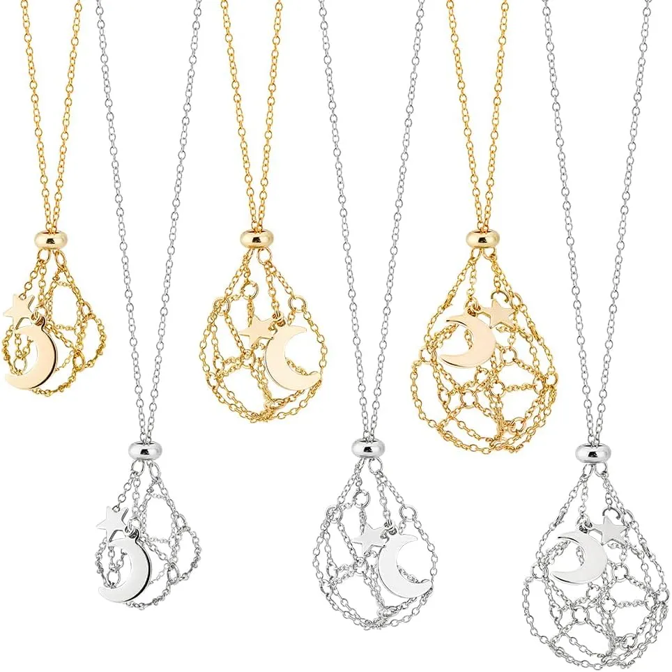 PH PandaHall 6pcs Crystal Stone Holder Empty Stone Holder Cage Pendant Holder Gemstone Cage Mesh Pendant Replacement Hand-Woven Necklace Cord with Adjustable Length for Women Men (Platinum, Golden)