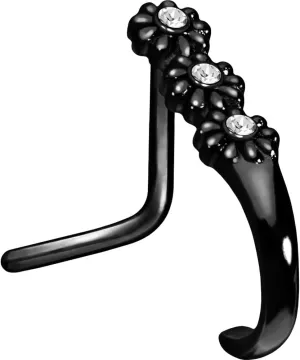 PIERCINGLINE 20G nose ring Surgical steel 316L nostril piercing jewelry | L shape nose ring in hoop optics 3 Crystal Flowers | Nose studs for women and men