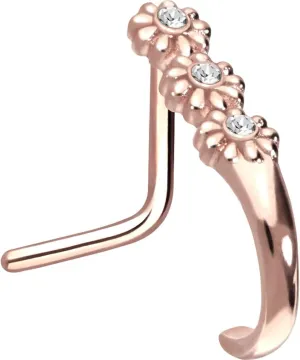 PIERCINGLINE 20G nose ring Surgical steel 316L nostril piercing jewelry | L shape nose ring in hoop optics 3 Crystal Flowers | Nose studs for women and men