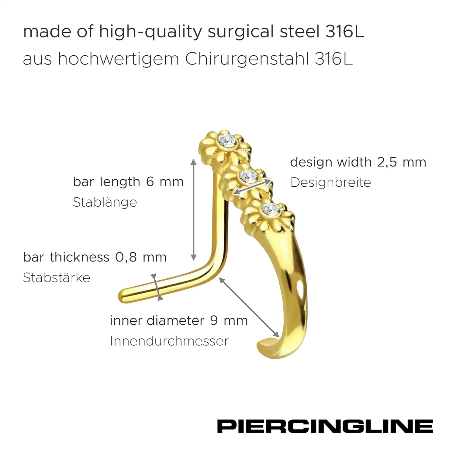 PIERCINGLINE 20G nose ring Surgical steel 316L nostril piercing jewelry | L shape nose ring in hoop optics 3 Crystal Flowers | Nose studs for women and men