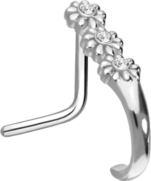 PIERCINGLINE 20G nose ring Surgical steel 316L nostril piercing jewelry | L shape nose ring in hoop optics 3 Crystal Flowers | Nose studs for women and men