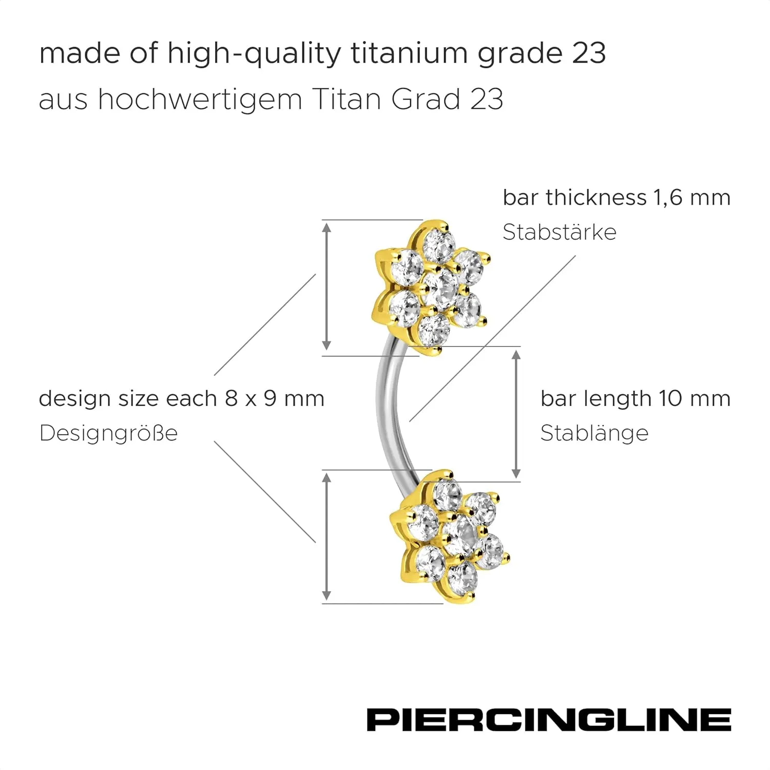 PIERCINGLINE titanium belly button piercing with 925 silver design 2 crystal flowers - belly button ring gold, silver, rosegold piercing
