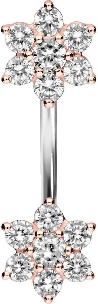 PIERCINGLINE titanium belly button piercing with 925 silver design 2 crystal flowers - belly button ring gold, silver, rosegold piercing