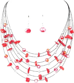 Pingyongchang Bohemian 3- Layer Illusion Thread Long Necklace Earrings set with Ladies Crystal beads