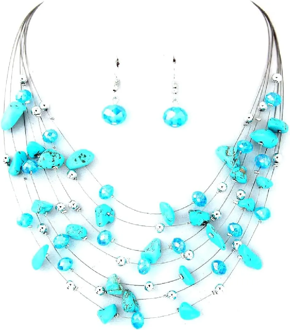 Pingyongchang Bohemian 3- Layer Illusion Thread Long Necklace Earrings set with Ladies Crystal beads