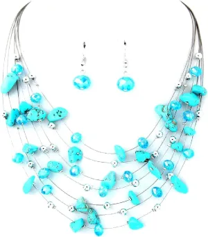 Pingyongchang Bohemian 3- Layer Illusion Thread Long Necklace Earrings set with Ladies Crystal beads