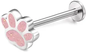 Pink Puppy Paw Print Labret Cartilage Stud Earring for Women Men Stainless Steel Enamel Sequin Cat Dog Kitten Animal Pet Tragus Monroe Helix Barbell Studs Lip Nose Rings Cute Jewelry Gifts Christmas Birthday 16G
