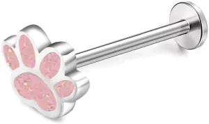 Pink Puppy Paw Print Labret Cartilage Stud Earring for Women Men Stainless Steel Enamel Sequin Cat Dog Kitten Animal Pet Tragus Monroe Helix Barbell Studs Lip Nose Rings Cute Jewelry Gifts Christmas Birthday 16G