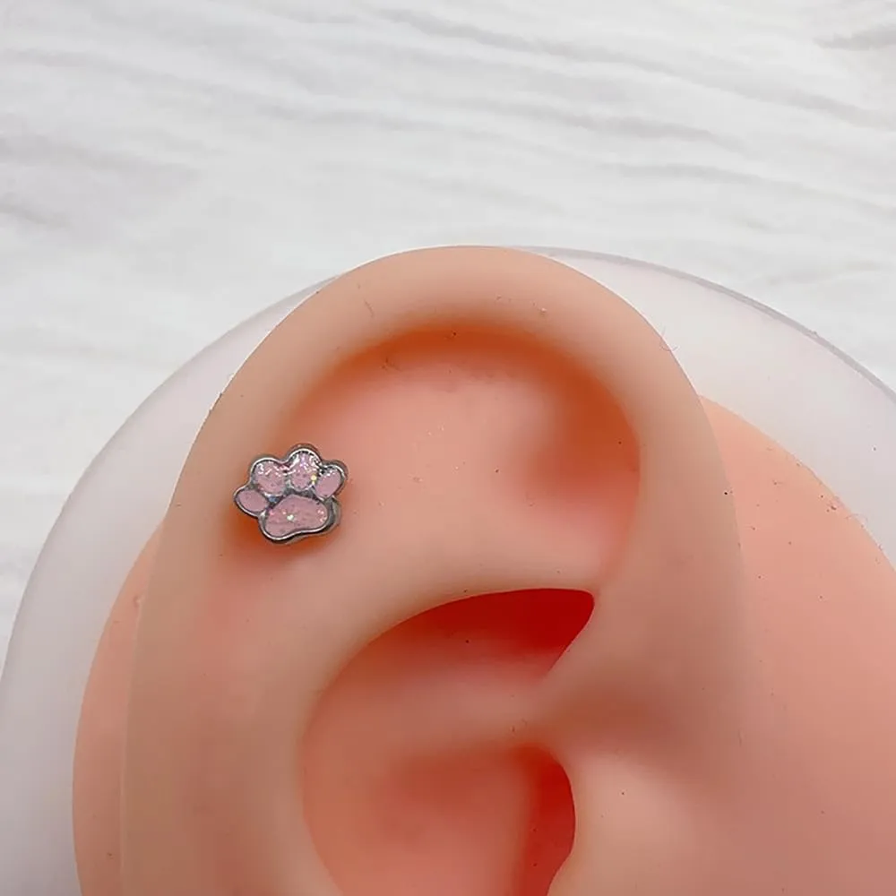 Pink Puppy Paw Print Labret Cartilage Stud Earring for Women Men Stainless Steel Enamel Sequin Cat Dog Kitten Animal Pet Tragus Monroe Helix Barbell Studs Lip Nose Rings Cute Jewelry Gifts Christmas Birthday 16G