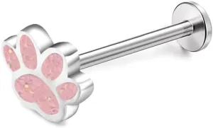 Pink Puppy Paw Print Labret Cartilage Stud Earring for Women Men Stainless Steel Enamel Sequin Cat Dog Kitten Animal Pet Tragus Monroe Helix Barbell Studs Lip Nose Rings Cute Jewelry Gifts Christmas Birthday 16G