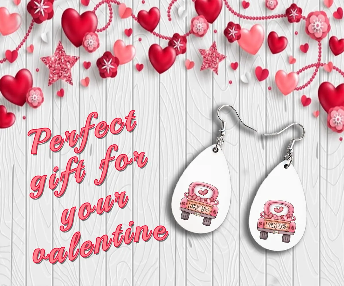 Pink Truck | Valentines Day Dangle Earrings Set | Cute Girls Womens Jewelry Earings | Double Sided Print | Holiday Gifts |Vday Present Girlfriend Wife Adorable Fashion Accessories