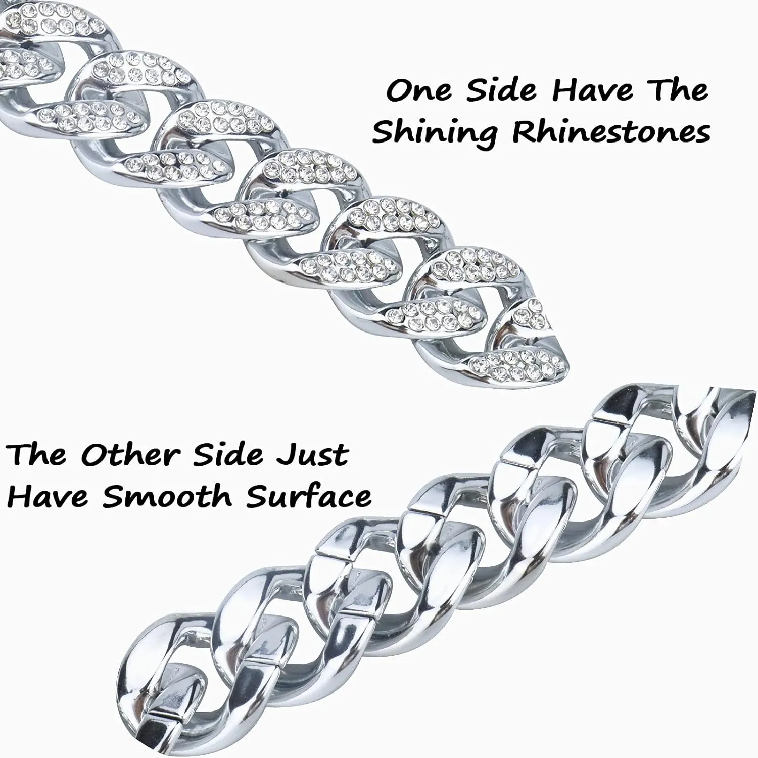 Plastic Shiny CZ Rhinestone Curb Cuban Link Chain Gold Silver Miami Hip Hop Chain Bling Diamond-Cut Chunky Turnover Necklace 80s 90s Costume Accessory for Men Women Unisex