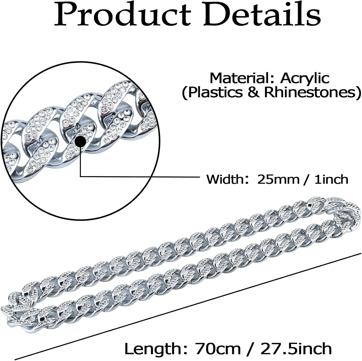 Plastic Shiny CZ Rhinestone Curb Cuban Link Chain Gold Silver Miami Hip Hop Chain Bling Diamond-Cut Chunky Turnover Necklace 80s 90s Costume Accessory for Men Women Unisex