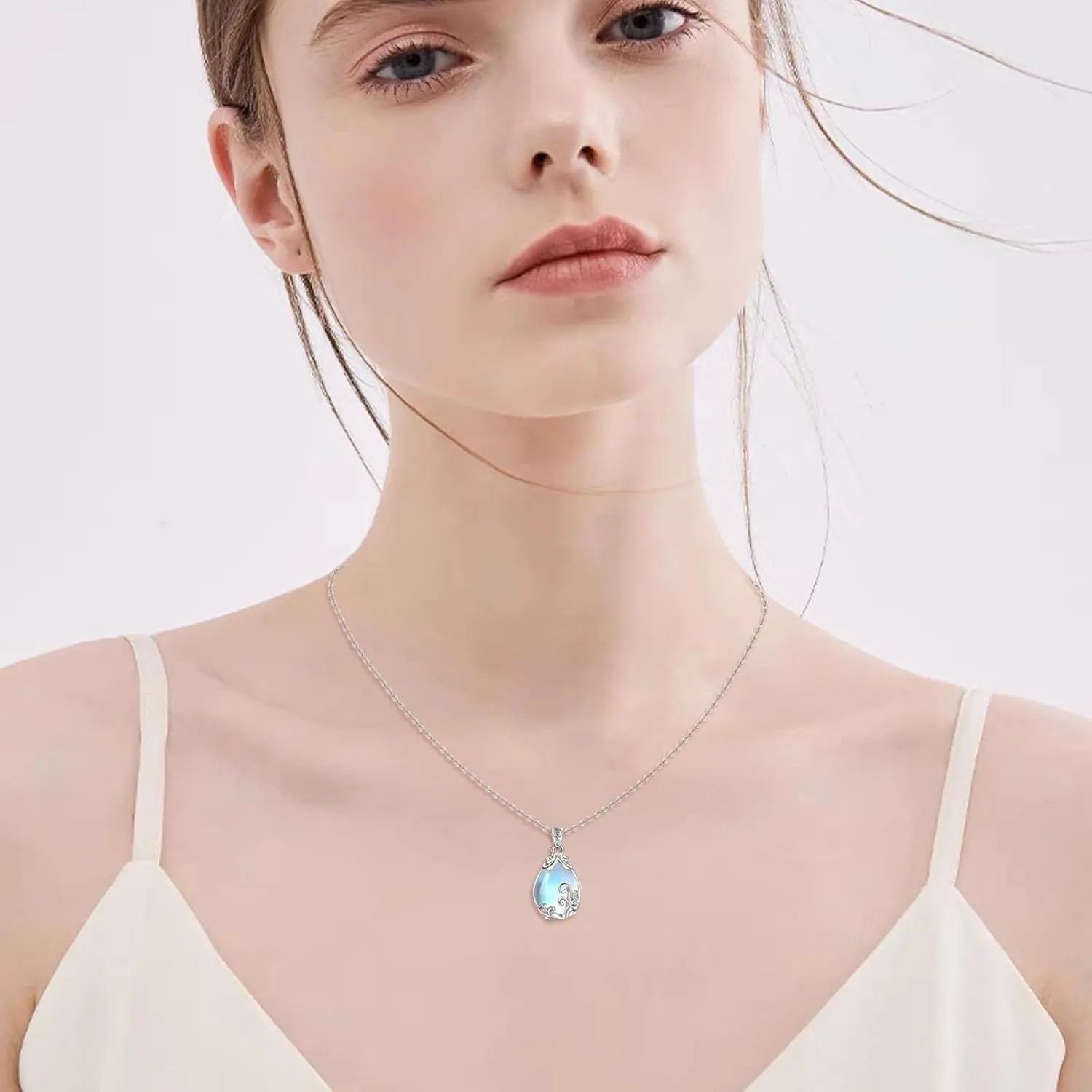 POPLYKE Sterling Silver Gemstone Filigree Teardrop Pendant Necklace Crystal Jewelry for Women