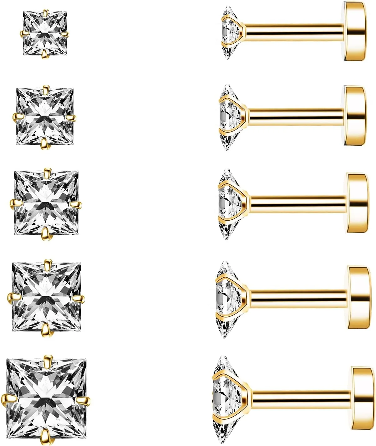 Princess Cut Clear Cubic Zirconia Stud Earrings for Women Men Square Earrings Studs Hypoallergenic Surgical Steel Helix Screw Back Earrings 18G 5 Pairs 3-7mm
