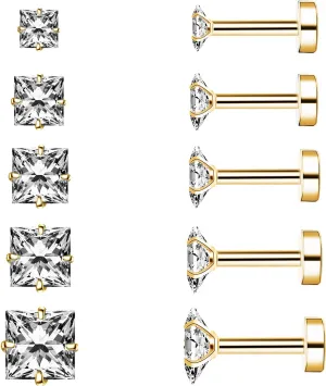 Princess Cut Clear Cubic Zirconia Stud Earrings for Women Men Square Earrings Studs Hypoallergenic Surgical Steel Helix Screw Back Earrings 18G 5 Pairs 3-7mm