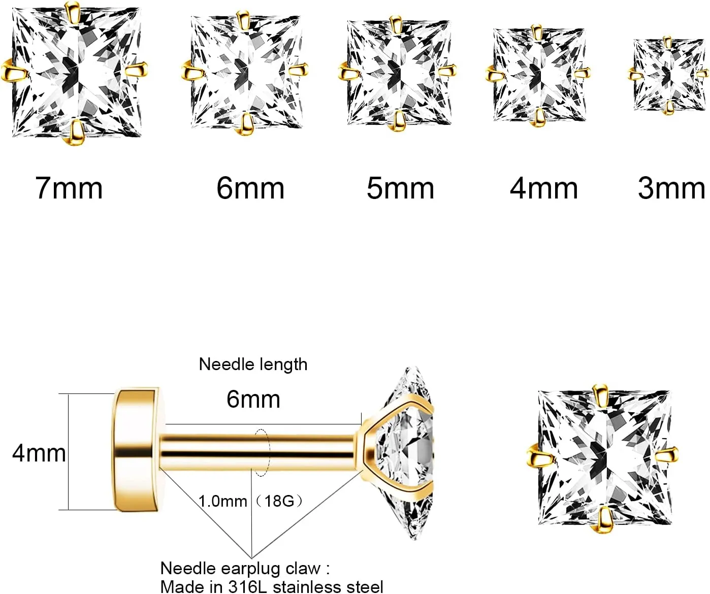 Princess Cut Clear Cubic Zirconia Stud Earrings for Women Men Square Earrings Studs Hypoallergenic Surgical Steel Helix Screw Back Earrings 18G 5 Pairs 3-7mm