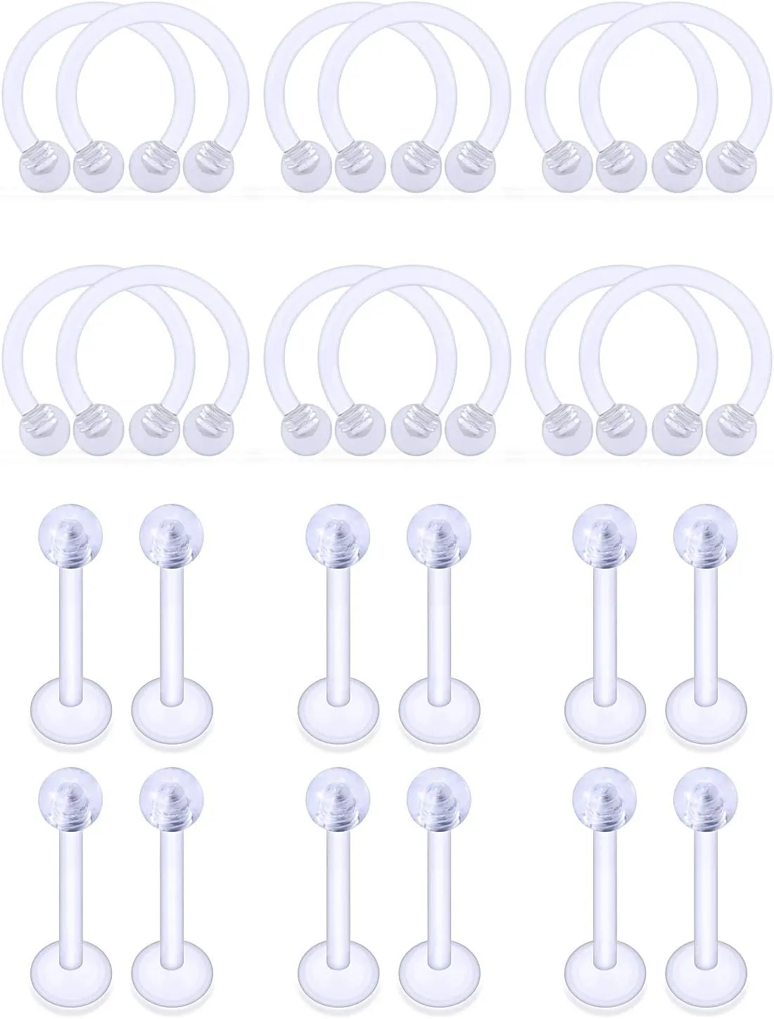 Prjndjw 24PCS 16G Clear Lip Studs Piercing Retainer Flexible Acrylic Labret Ring Stud Bioflex Septum Cartilage Tragus Forward Helix Conch Earlobe Daith Earring Hoop for Women Men 6-10mm