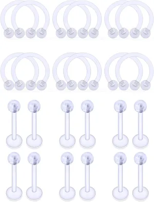 Prjndjw 24PCS 16G Clear Lip Studs Piercing Retainer Flexible Acrylic Labret Ring Stud Bioflex Septum Cartilage Tragus Forward Helix Conch Earlobe Daith Earring Hoop for Women Men 6-10mm