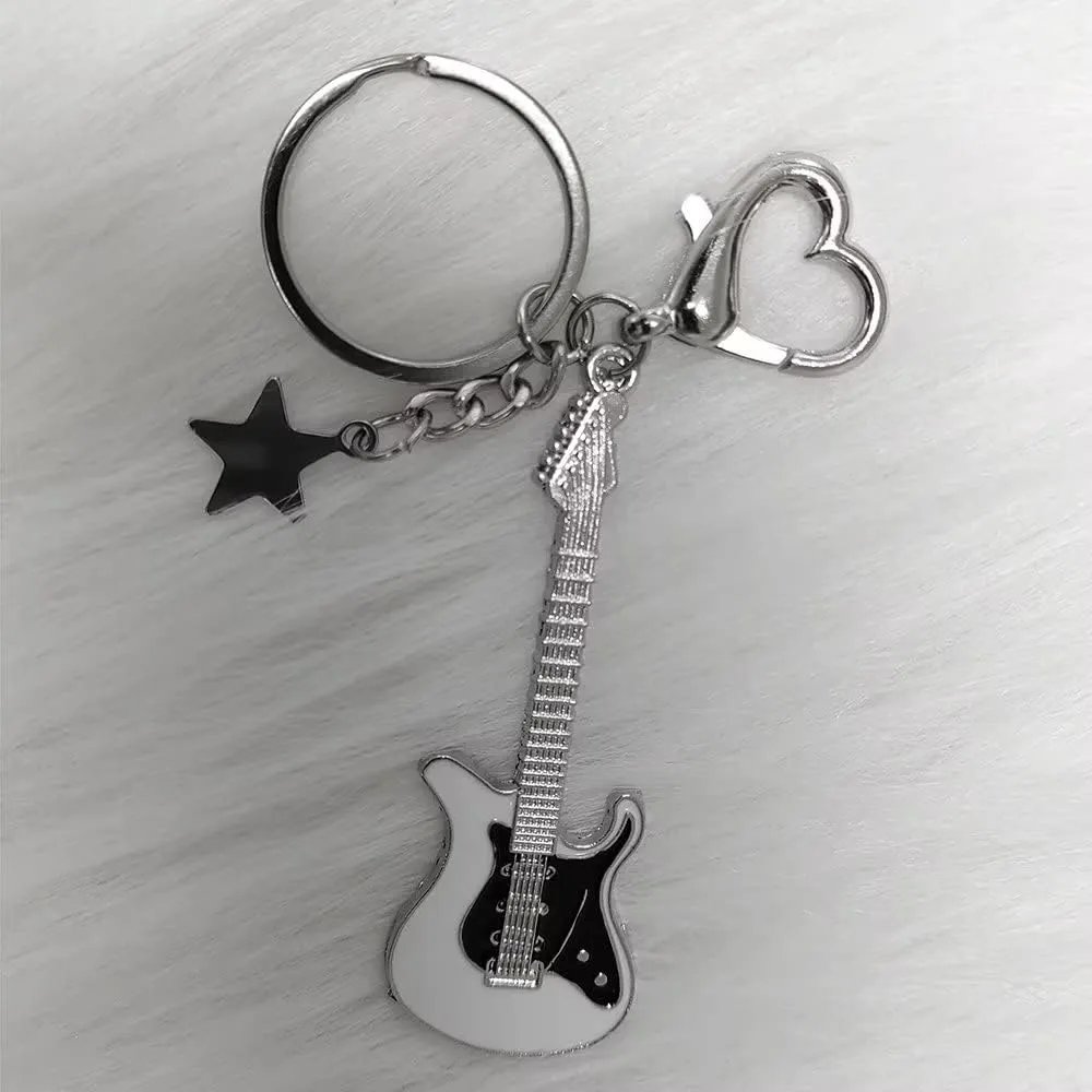 Punk Music Bass Electric Guitar Keychain, Guitar Love Heart Star Key Chain Key Rings for Women Music Lovers