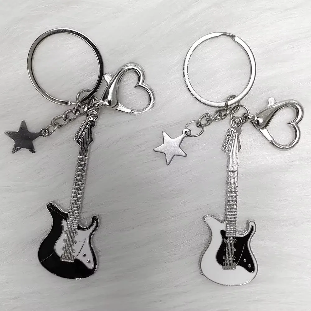 Punk Music Bass Electric Guitar Keychain, Guitar Love Heart Star Key Chain Key Rings for Women Music Lovers