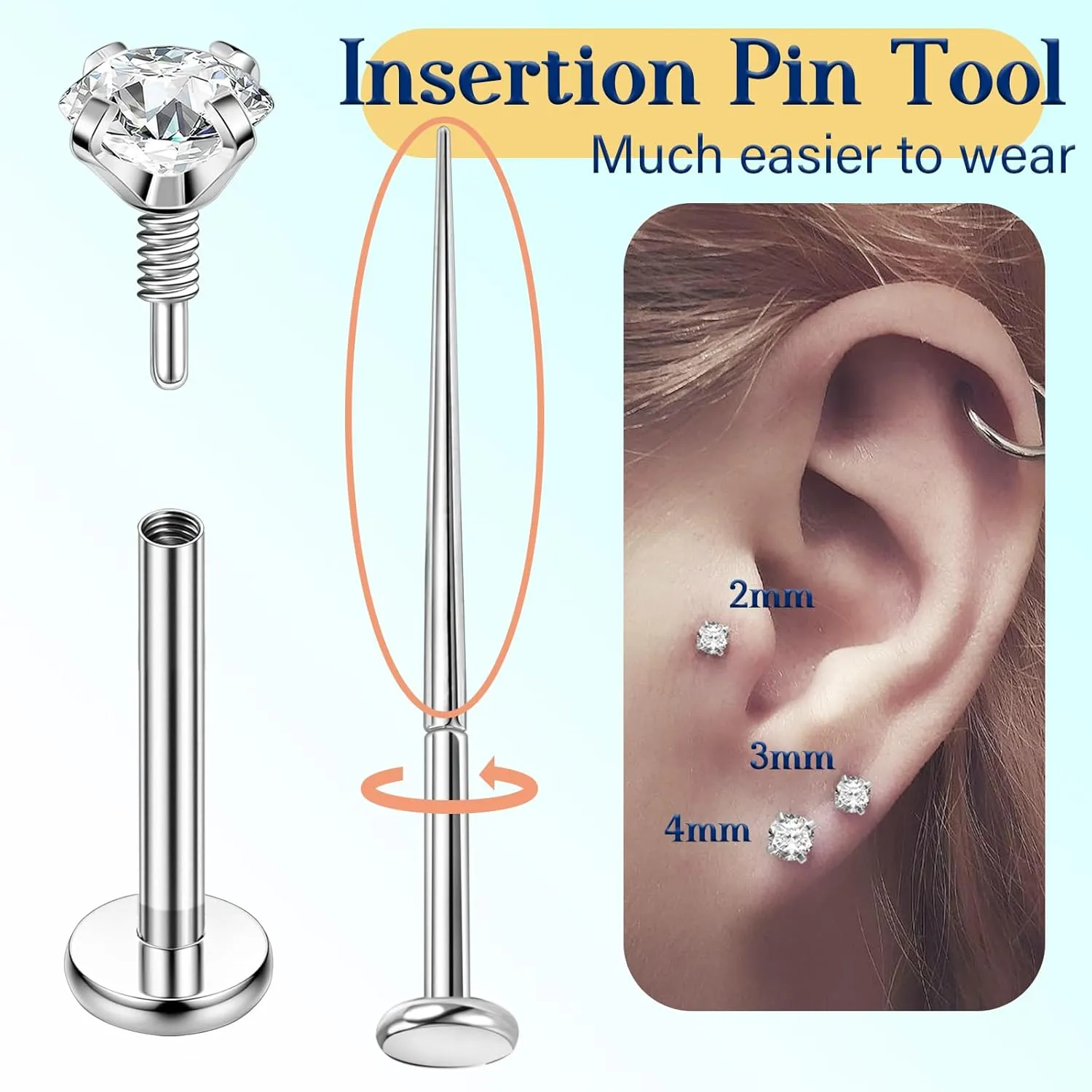 PunkTracker 16g/18g/20g Titanium Internal Thread CZ Stud Piercing Jewelry for Tragus Nose Helix Medusa Lip Labret - Helix Tragus Cartilage Earring for Women Men 3PCS