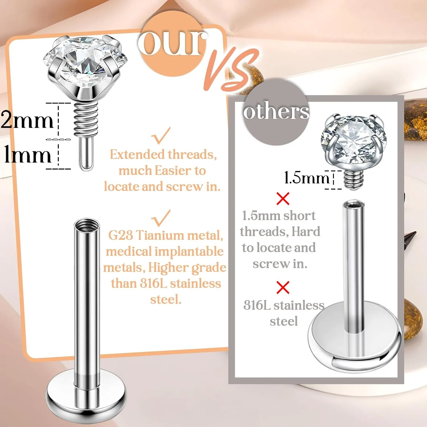 PunkTracker 16g/18g/20g Titanium Internal Thread CZ Stud Piercing Jewelry for Tragus Nose Helix Medusa Lip Labret - Helix Tragus Cartilage Earring for Women Men 3PCS