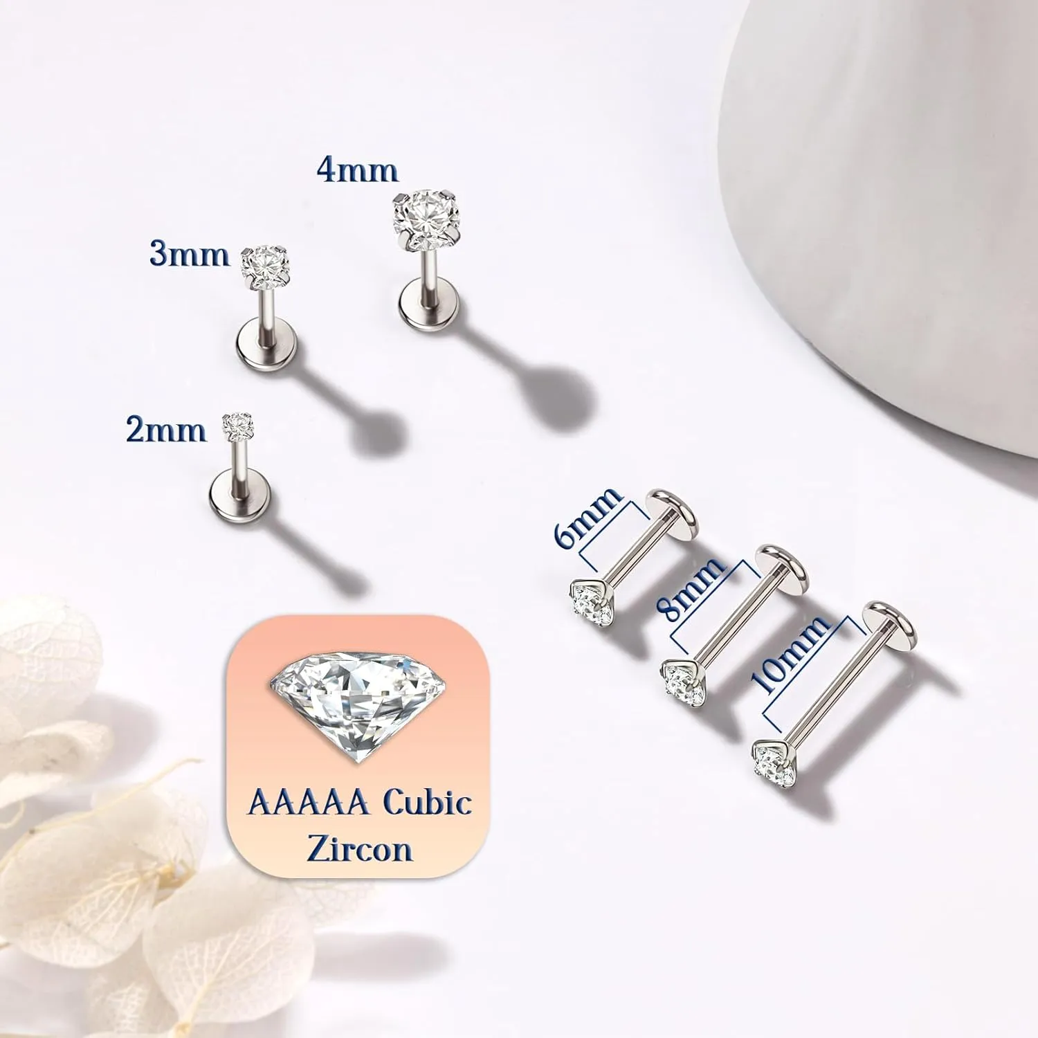 PunkTracker 16g/18g/20g Titanium Internal Thread CZ Stud Piercing Jewelry for Tragus Nose Helix Medusa Lip Labret - Helix Tragus Cartilage Earring for Women Men 3PCS