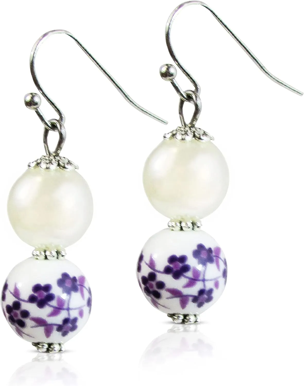 Purple Porcelain Pearl Drop Earrings For Women - Simulated Pearl Dangle Earrings - Handmade Jewelry Gift For Her Christmas Birthday Mother's Day