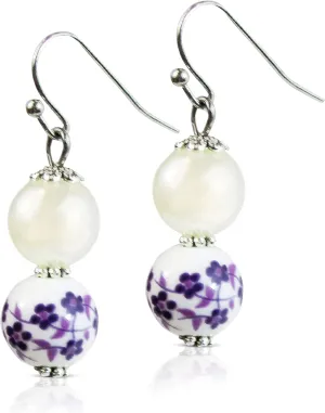 Purple Porcelain Pearl Drop Earrings For Women - Simulated Pearl Dangle Earrings - Handmade Jewelry Gift For Her Christmas Birthday Mother's Day