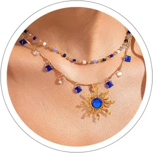 Purple Sun Necklace for Women Gold Choker With Natural Stone Crystal Navy Blue Beads Chain Pendant Dainty Jewelry